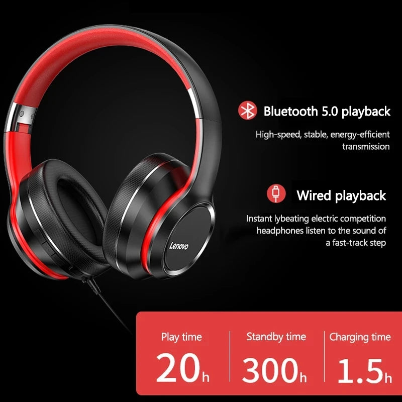 Lenovo HD200 Bluetooth Earphones Over-ear Foldable Computer Wireless Headphones Noise Cancellation HIFI Stereo Gaming Headset - TechSmartX