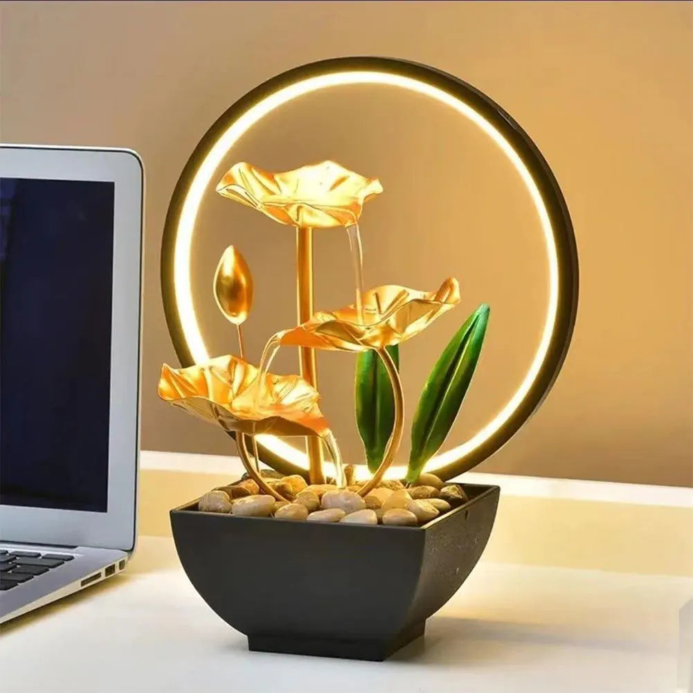 3-Tier Lotus Leaf Flowing Water Fountain with Natural Rocks & LED Ring Light Small Waterfall Fountain Metal Home Desk Decoration - TechSmartX
