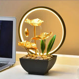 3-Tier Lotus Leaf Flowing Water Fountain with Natural Rocks & LED Ring Light Small Waterfall Fountain Metal Home Desk Decoration - TechSmartX