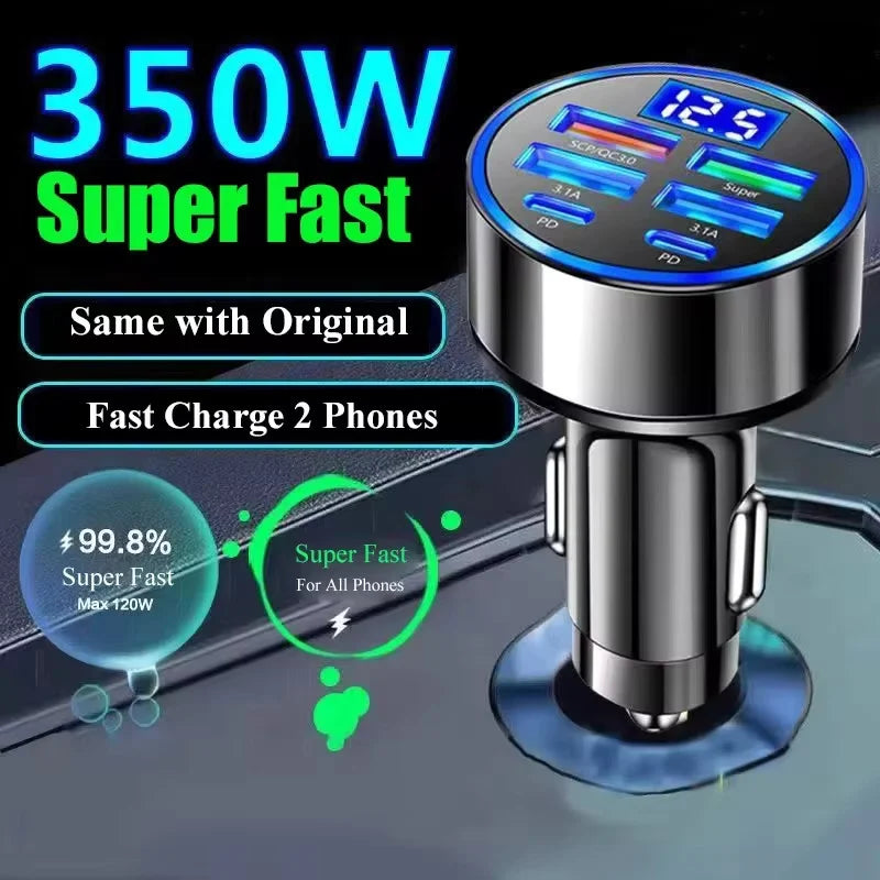 100W 6 Ports Car charger Fast charging PD Qc3.0 USB C Car Phone charger Type C Adapter in Car For iPhone Samsung Huawei Xiaomi