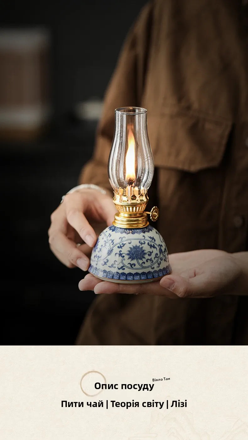 Blue And White Porcelain Oil Lamp Tibetan Butter Lamp Cam Tea Room Aosphere Lamp Retro Decorative Long Burning Lamp - TechSmartX