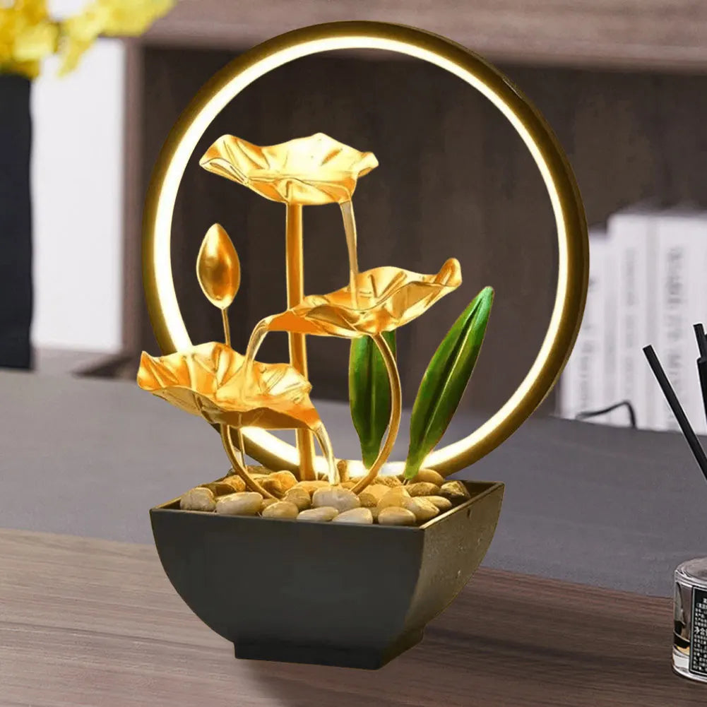 3-Tier Lotus Leaf Flowing Water Fountain with Natural Rocks & LED Ring Light Small Waterfall Fountain Metal Home Desk Decoration - TechSmartX