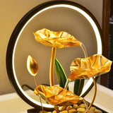 3-Tier Lotus Leaf Flowing Water Fountain with Natural Rocks & LED Ring Light Small Waterfall Fountain Metal Home Desk Decoration - TechSmartX