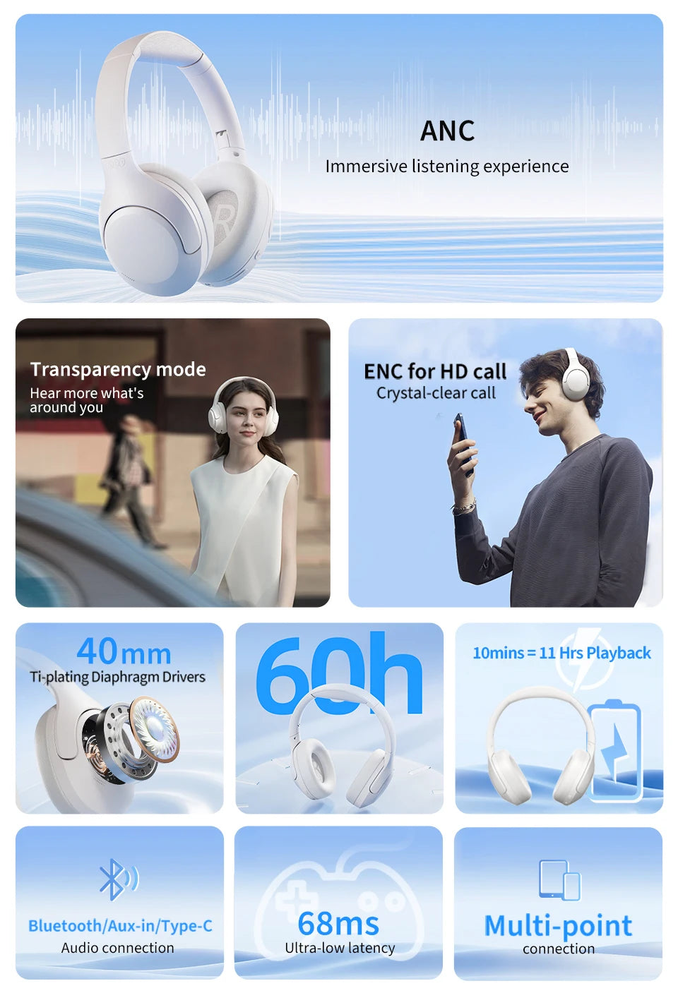 QCY H3 Lite ANC Wireless/Wired Headphones Bluetooth 5.3 Foldable Over Ear Headset HIFI Sound 60H Playtime Earphones Dual Connect - TechSmartX