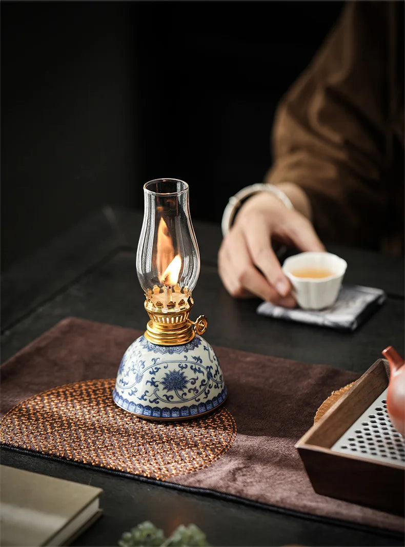 Blue And White Porcelain Oil Lamp Tibetan Butter Lamp Cam Tea Room Aosphere Lamp Retro Decorative Long Burning Lamp - TechSmartX