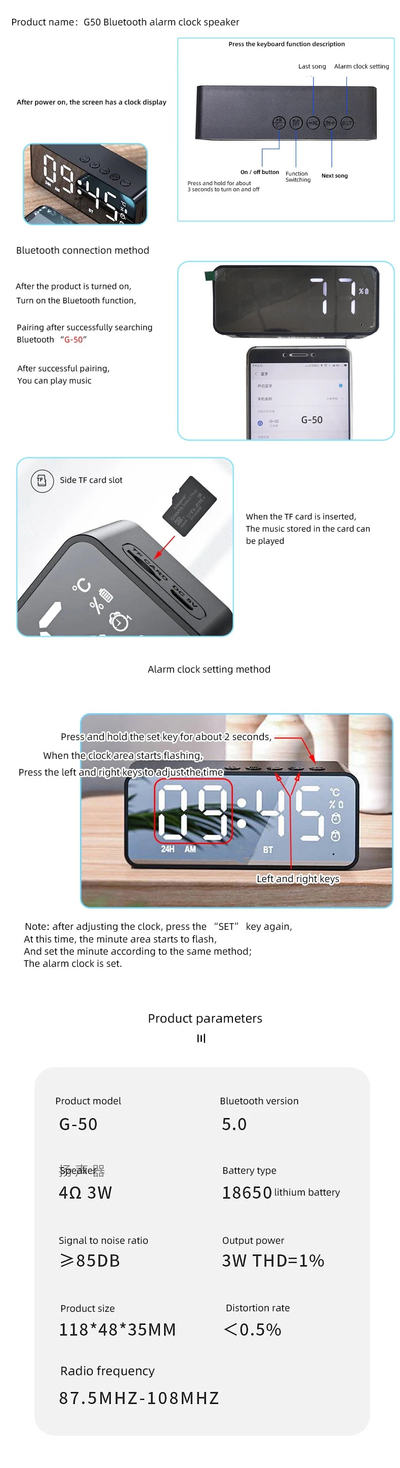 Wireless Bluetooth Speaker Small Mini Alarm Clock Portable Cannon Mini Voice Broadcast the Card Instert Vehicular Audio System W - TechSmartX