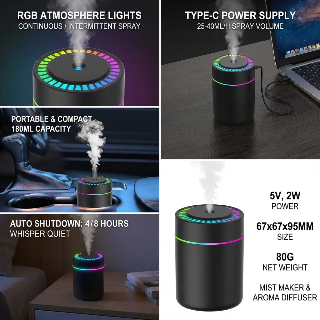 180ML Mini Air Humidifier USB Electric Aroma Diffuser Essential Oil Purifier Aromatherapy Mist Maker Lights For Car Home Bedroom - TechSmartX