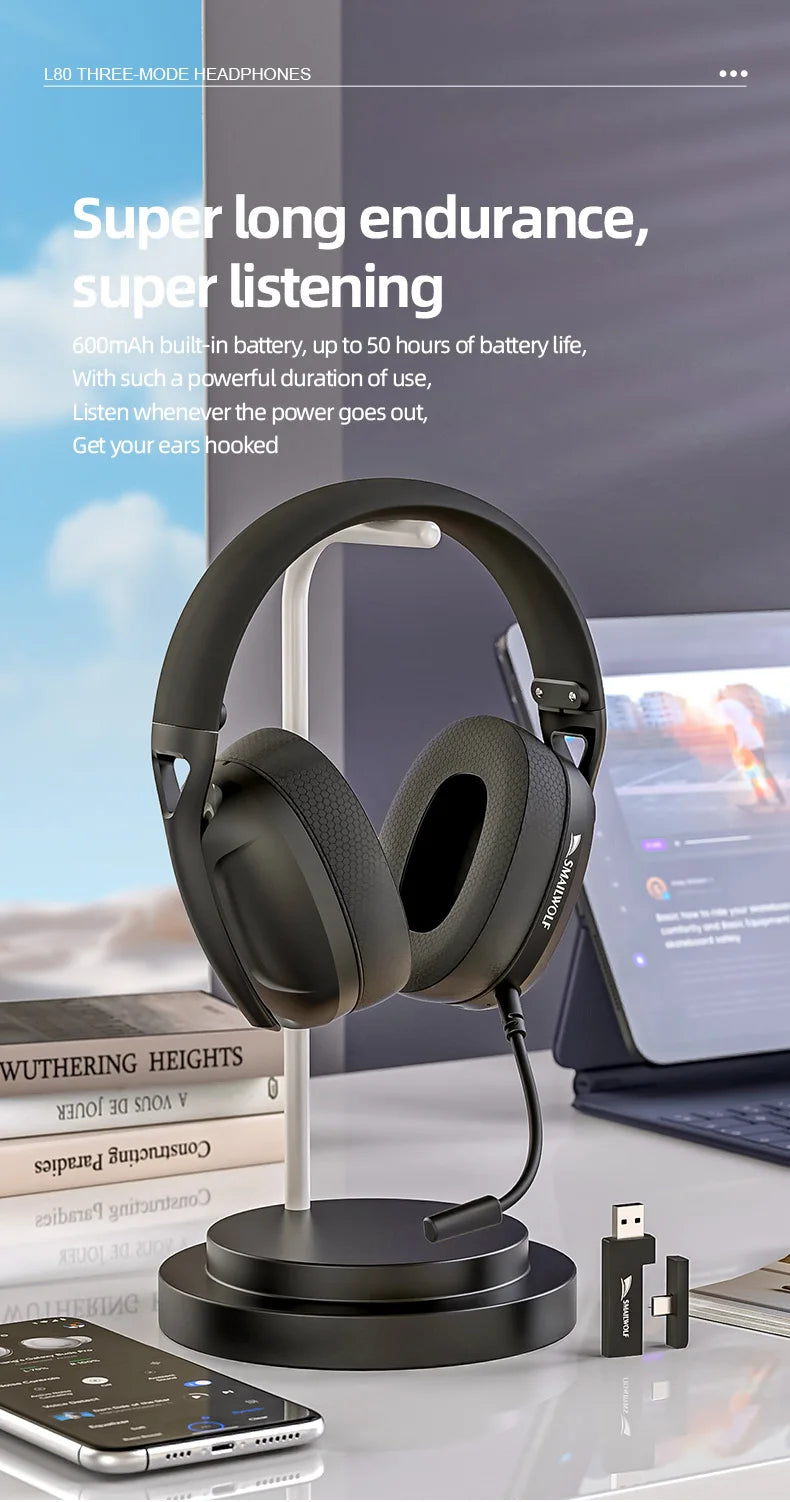 SmailWolf-L80 Bluetooth wireless three-mode headphones headset lightweight headset 2.4G gaming headsets sports bass - TechSmartX