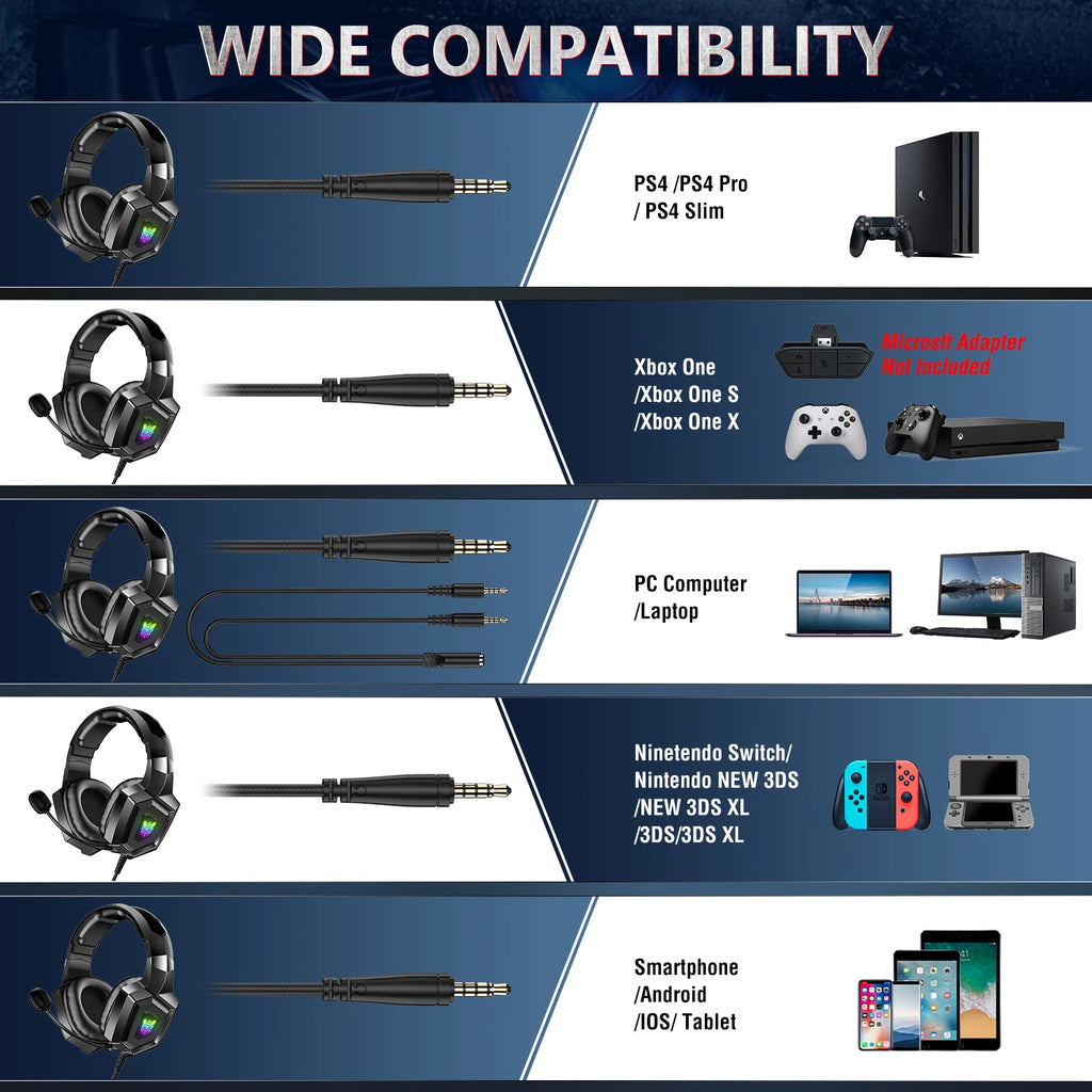 ONIKUMA K8 Gaming Headphones with Flexible HD Mic RGB Light Surround Sound Over-Ear Wired Headset Gamer for PC Gaming Xbox - TechSmartX