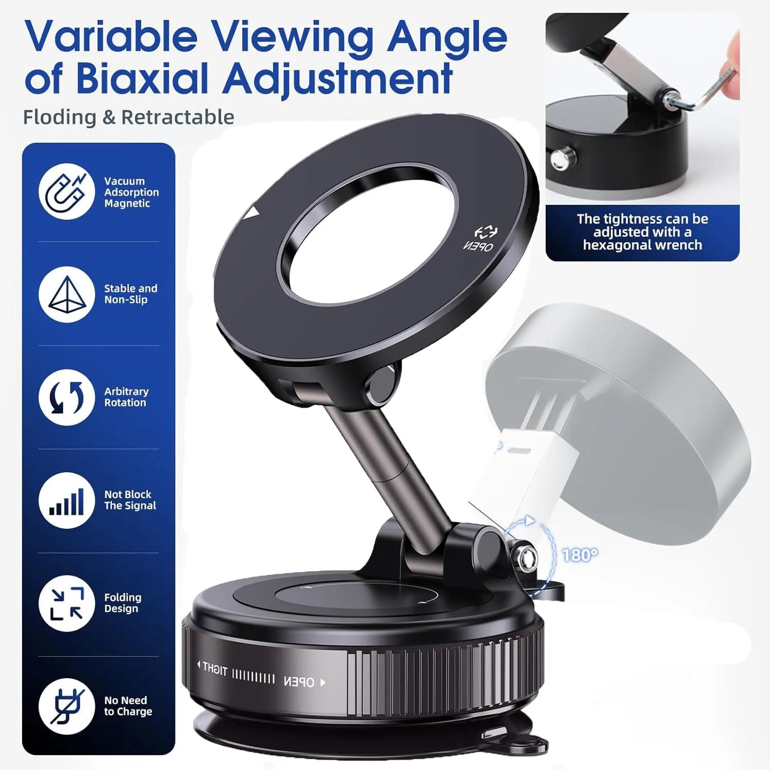 Vacuum magnetic phone holder, Magsafe suction cup phone holder, 360 ° adjustable magnetic phone holder, pocket sized foldable - TechSmartX