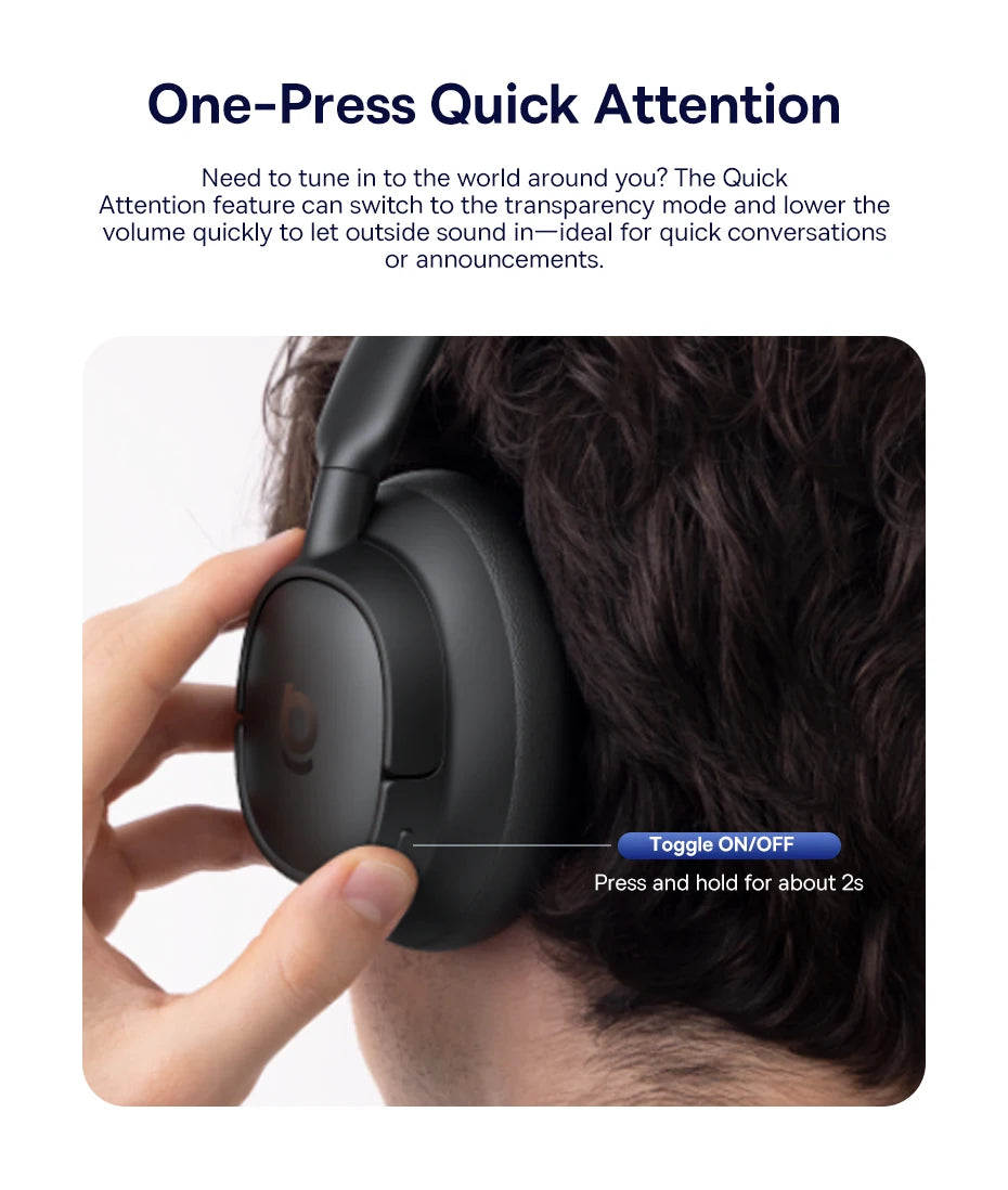 Baseus Bowie H1s Wireless Headphones Bluetooth 5.4 Noise Canceling 46dB Over Ear Headset Hi-Res Spatial Audio Earphone 120H Time - TechSmartX