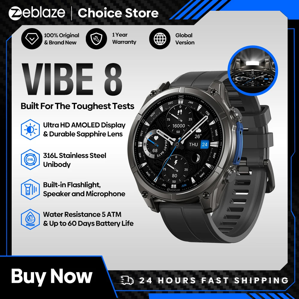New Zeblaze VIBE 8 AMOLED Display Built-in Flashlight Smartwatch Sapphire Lens Make/Receive Calls HR/BP Monitoring Smart Watch - TechSmartX