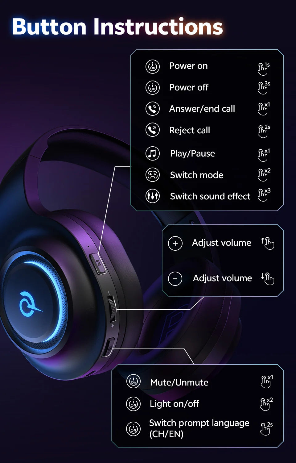QCY Heroad V200 Gaming Over Ear Headphone Wireless Bluetooth 6.0 with Mic 50mm Driver 7.1 Surround Sound Dynamic EQ RGB Headset - TechSmartX