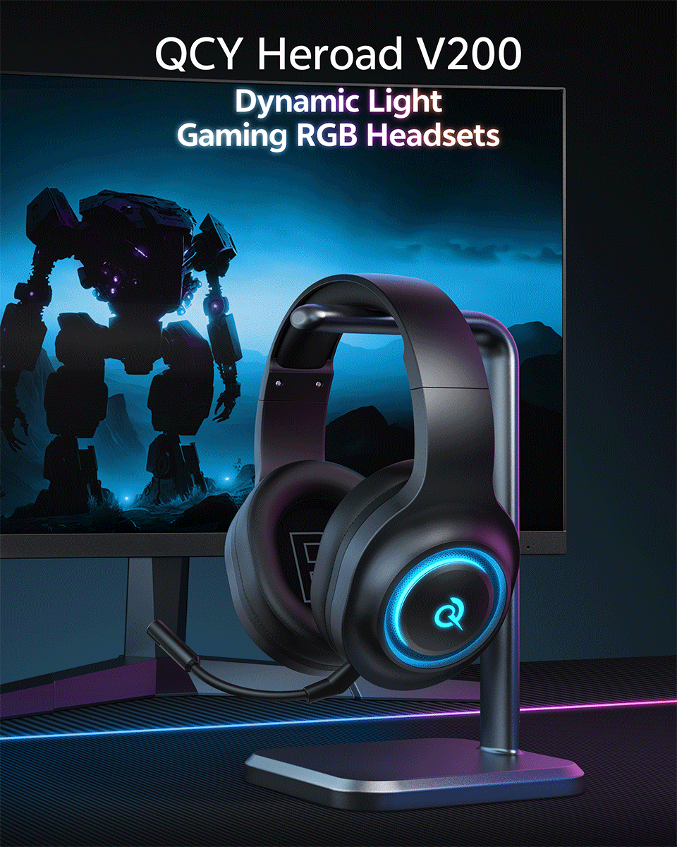 QCY Heroad V200 Gaming Over Ear Headphone Wireless Bluetooth 6.0 with Mic 50mm Driver 7.1 Surround Sound Dynamic EQ RGB Headset - TechSmartX