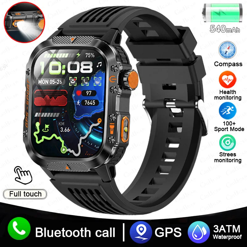 2025 New Military Outdoor Smart Watch Men's GPS Flashlight Bluetooth Call 2.01" AMOLED Screen 3ATM Waterproof Sports Smartwatch - TechSmartX