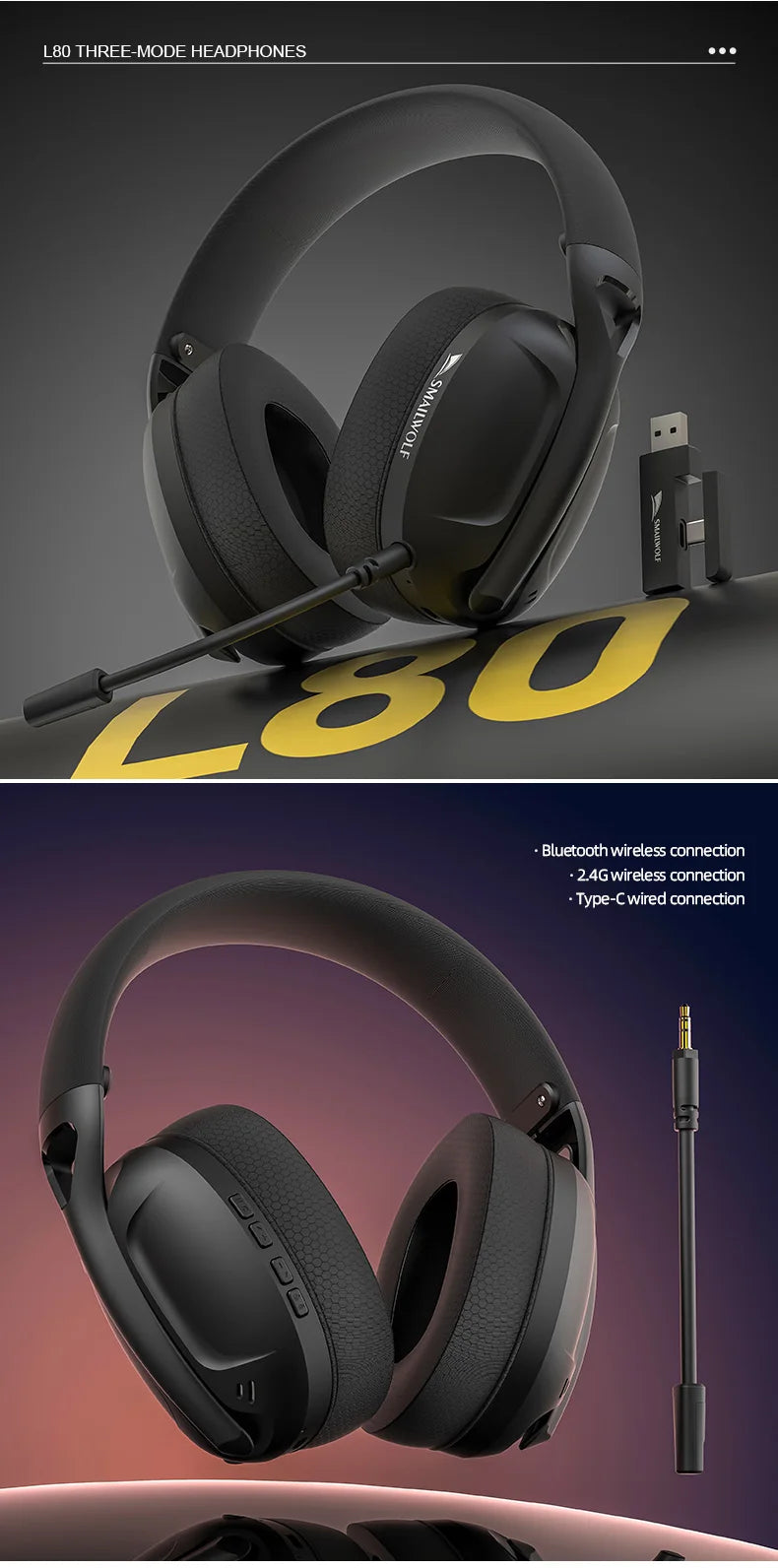 SmailWolf-L80 Bluetooth wireless three-mode headphones headset lightweight headset 2.4G gaming headsets sports bass - TechSmartX