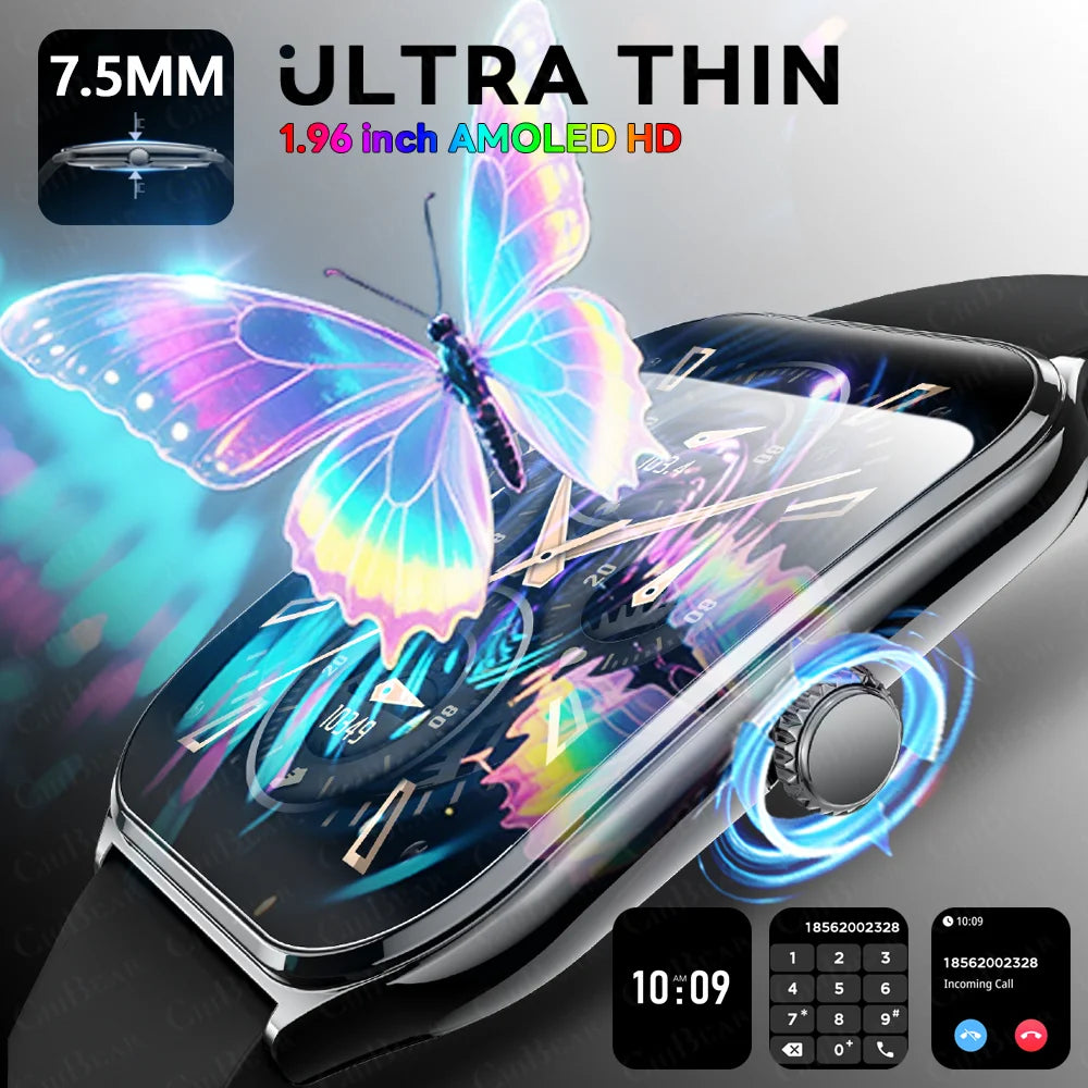 2025 New 7.5MM Ultra Thin Smart Watch Men 1.96"AMOLED Screen Always Show Time Heart Rate Sport Waterproof BT Call Smartwatch - TechSmartX