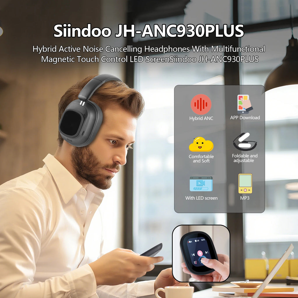 Siindoo Hybrid Active Noise Cancelling Headphones JH-ANC930Plus Wireless gunmetal With Multi Magnetic Touch Control LED Screen - TechSmartX
