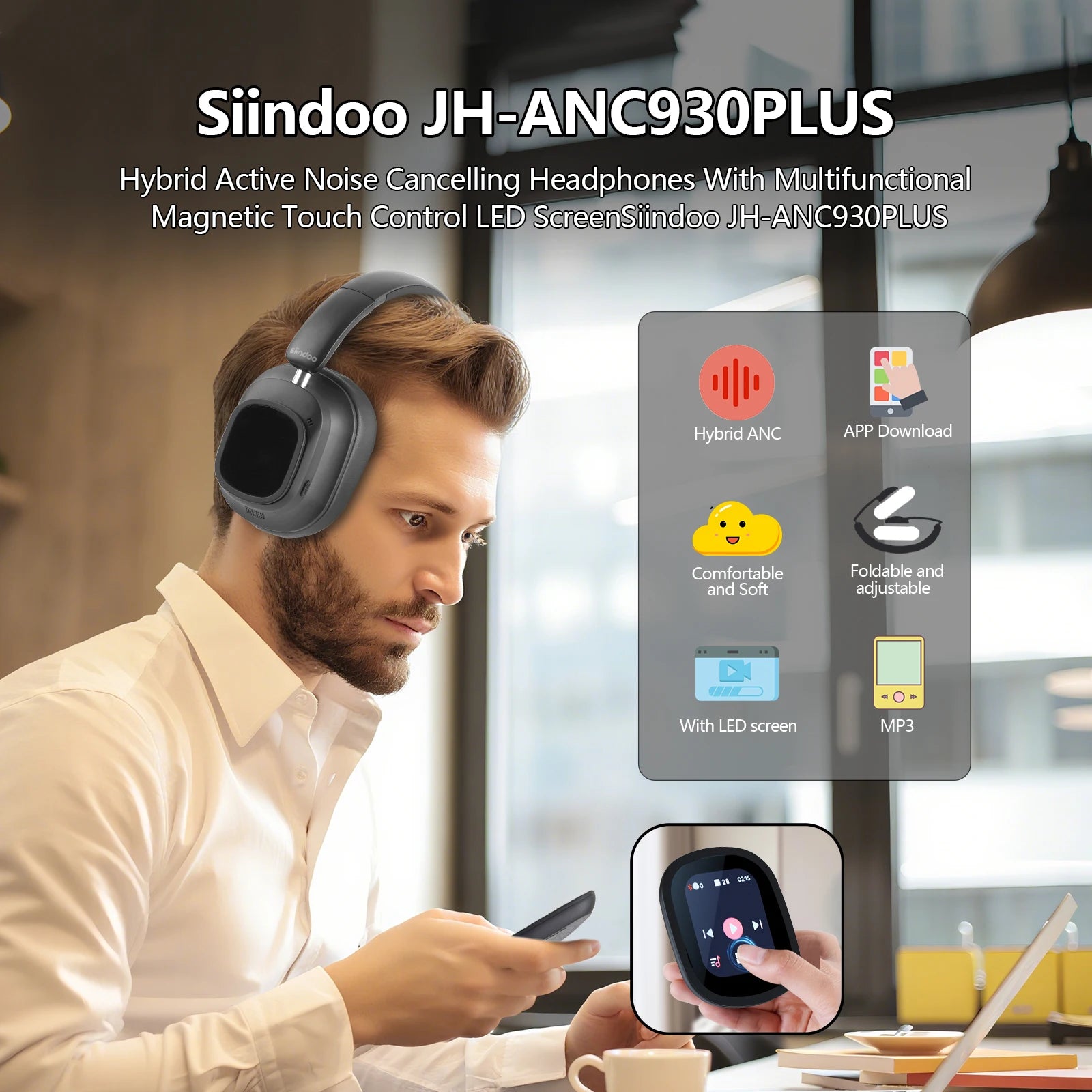 Siindoo Hybrid Active Noise Cancelling Headphones JH-ANC930Plus Wireless gunmetal With Multi Magnetic Touch Control LED Screen - TechSmartX