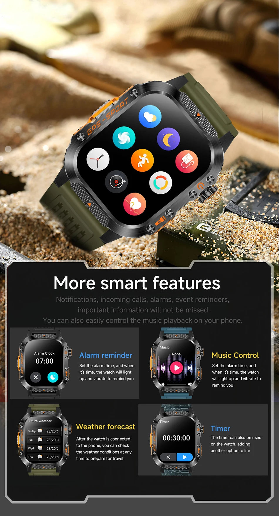2025 New Military Outdoor Smart Watch Men's GPS Flashlight Bluetooth Call 2.01" AMOLED Screen 3ATM Waterproof Sports Smartwatch - TechSmartX