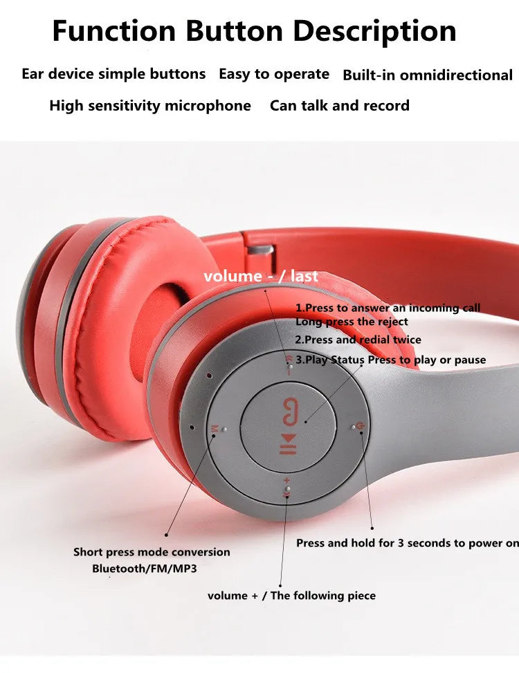 P47 Bluetooth 5.0 Wireless Headphone Foldable HIFI Stereo Bass Earphone Kid Helmet Gift With Mic USB Adaptor For iPhone Game - TechSmartX