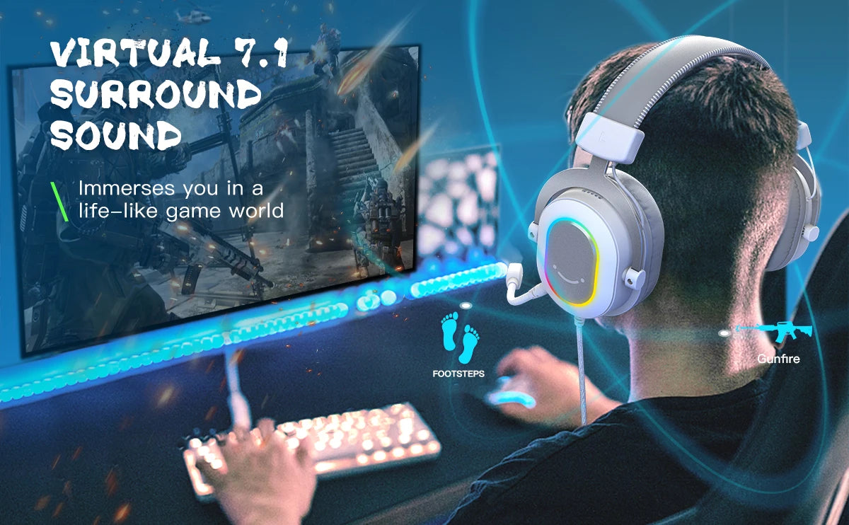 FIFINE RGB Gaming Headset with 7.1 Surround Sound/3-EQ/MIC,Over-ear Headphone with In-line Control for PC PS4 PS5 Ampligame-H6W - TechSmartX