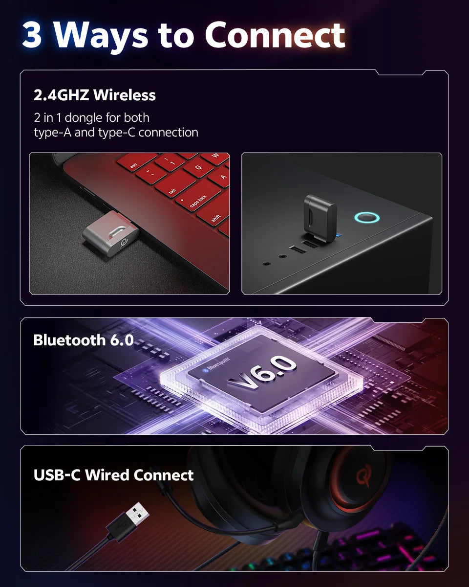 QCY Heroad V200 Gaming Over Ear Headphone Wireless Bluetooth 6.0 with Mic 50mm Driver 7.1 Surround Sound Dynamic EQ RGB Headset - TechSmartX