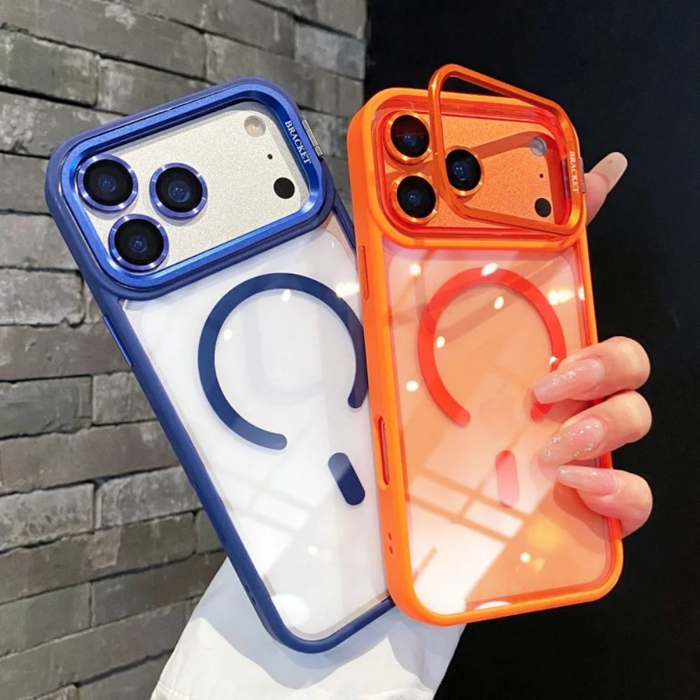 Metal Lens Stand Magnetic For Magsafe Case For iPhone 17 16 15 14 13 12 11Pro Max Plus Air Shockproof Wireless Charge Clear Case