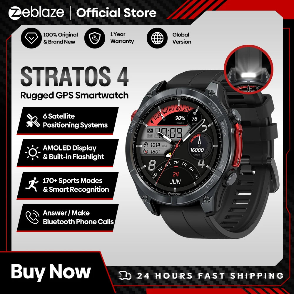 NEW Zeblaze Stratos 4 GPS Smart Watch 1.43 AMOLED Display Built-in Compass Barometric Altimeter Flashlight Voice Call Smartwatch - TechSmartX