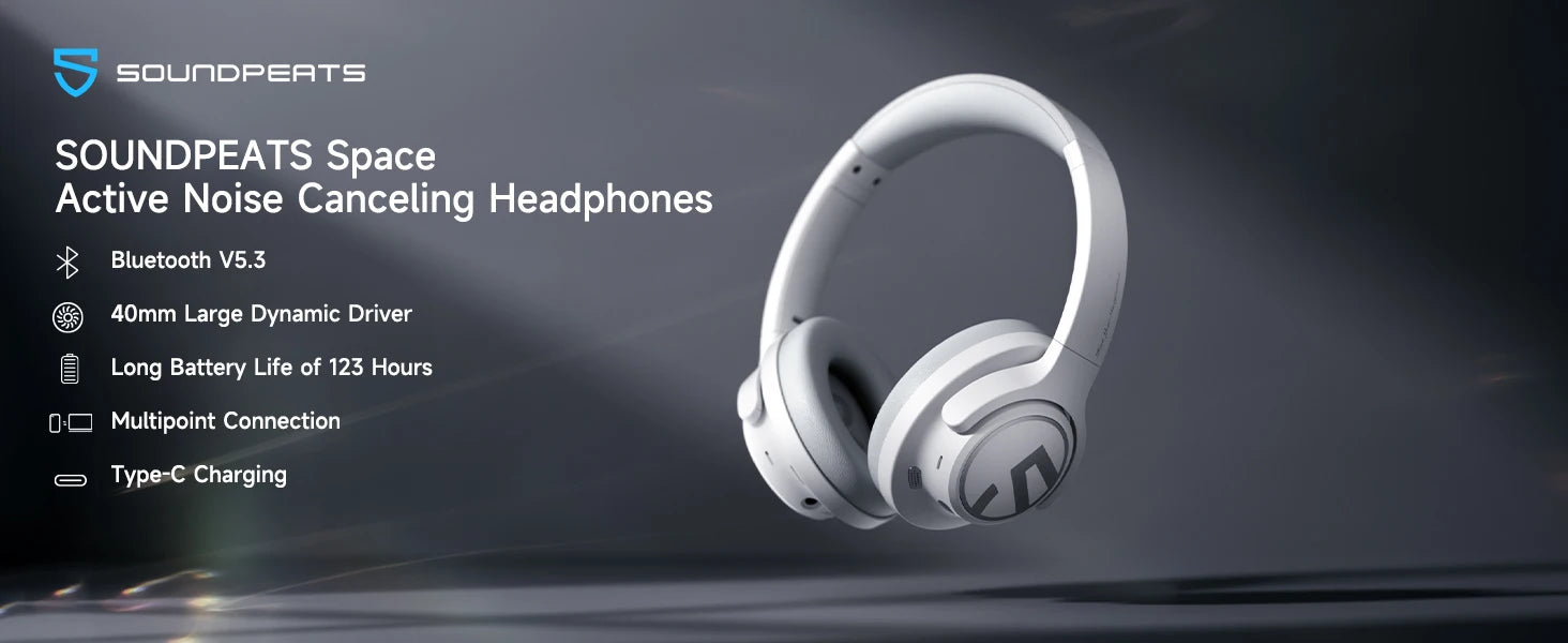 SoundPEATS Space Headphones Bluetooth 5.3 Hybrid Active Noise Cancelling Wireless Headphone,123H Play,Mic,Multipoint Connection - TechSmartX