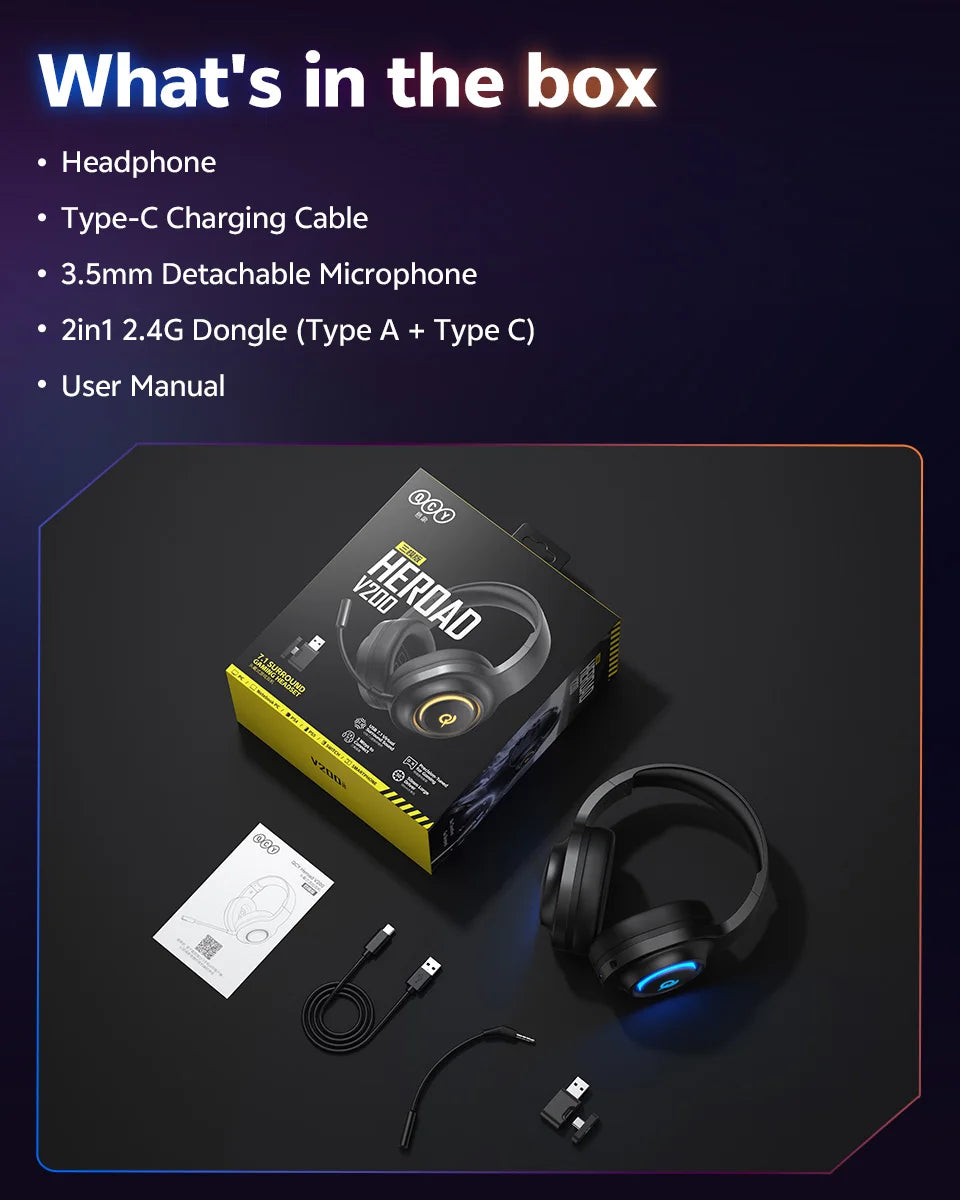 QCY Heroad V200 Gaming Over Ear Headphone Wireless Bluetooth 6.0 with Mic 50mm Driver 7.1 Surround Sound Dynamic EQ RGB Headset - TechSmartX