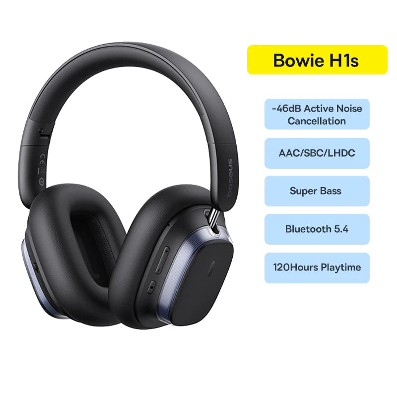 Baseus Bowie H1s Wireless Headphones Bluetooth 5.4 Noise Canceling 46dB Over Ear Headset Hi-Res Spatial Audio Earphone 120H Time - TechSmartX