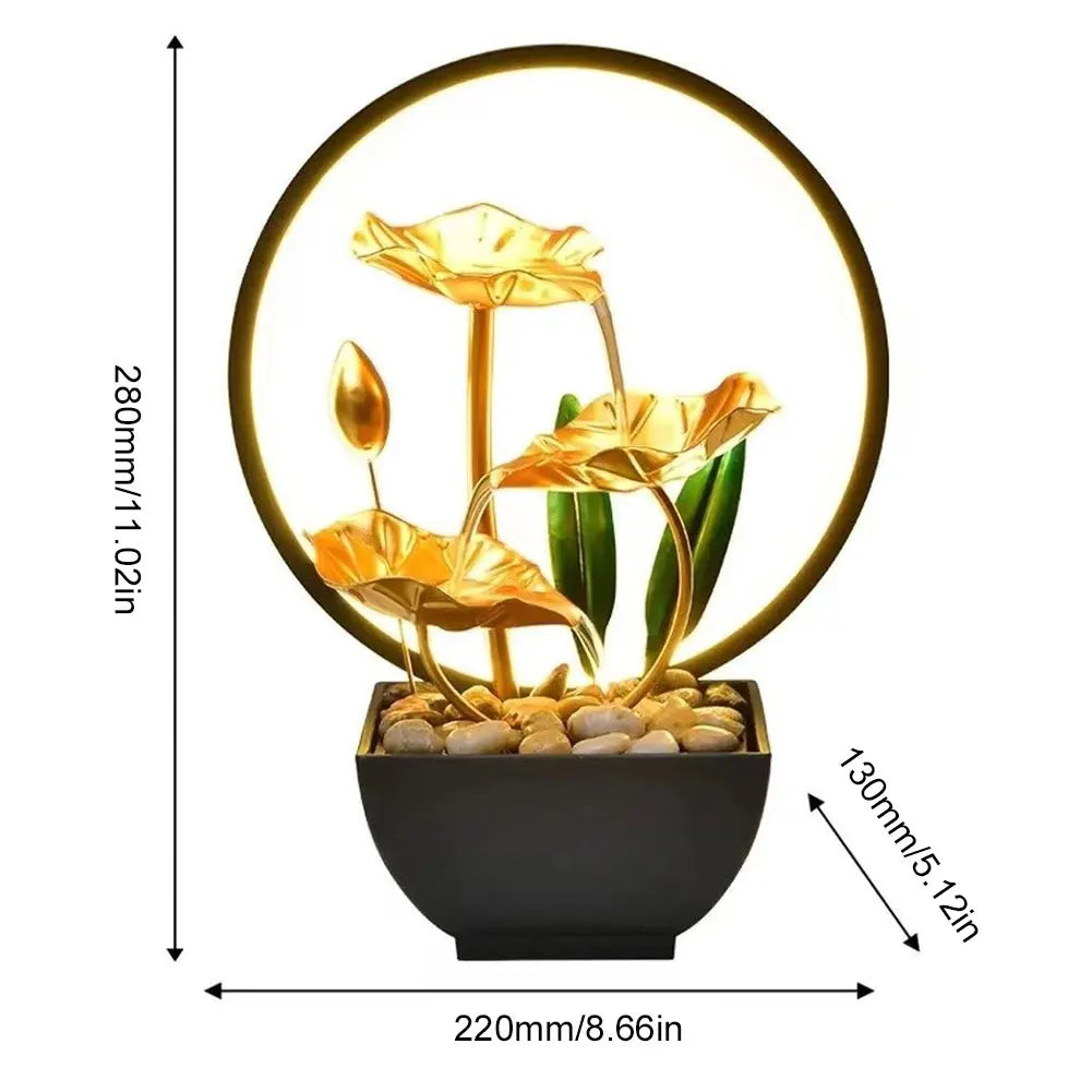 3-Tier Lotus Leaf Flowing Water Fountain with Natural Rocks & LED Ring Light Small Waterfall Fountain Metal Home Desk Decoration - TechSmartX