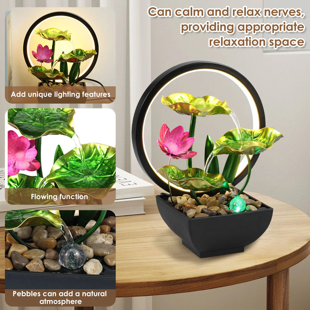 Tabletop Water Fountain USB Powered Relaxation Desktop Waterfall Fountain With Natural Rocks And LED Ring Lights For Home Decor - TechSmartX