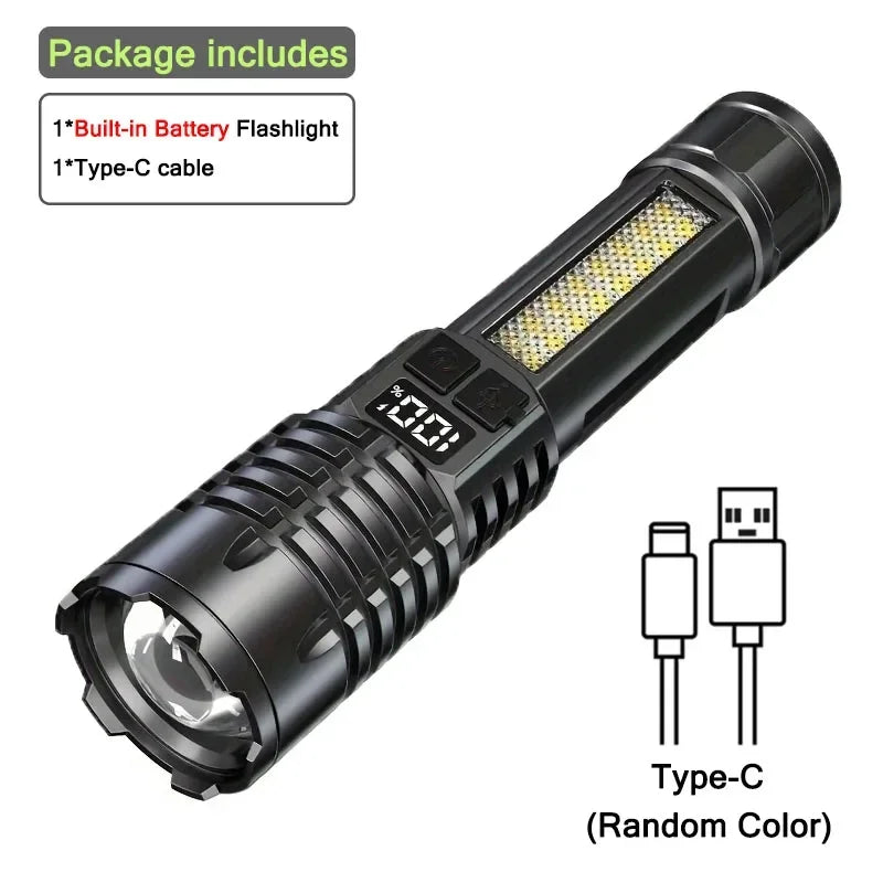 High Power LED Flashlight Portable Zoom Torch Type-C Rechargeable Waterproof Light with COB Side Lamp for Outdoor Camping Hiking - TechSmartX