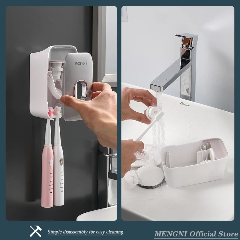 MENGNI Automatic Toothpaste Dispenser Wall-Mounted Bathroom Toothpaste Squeezer Punch-Free Toothbrush Holder Rack Bathroom Acces - TechSmartX