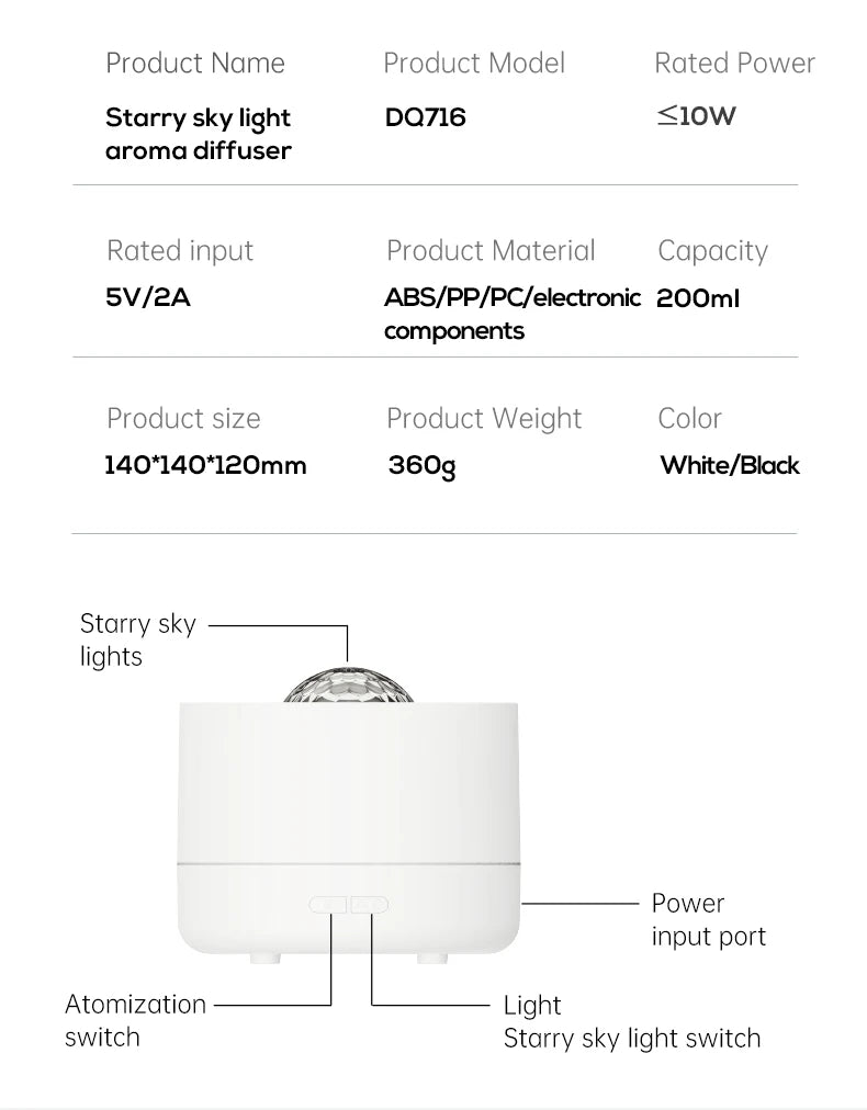 New Starry Sky Projection Air Humidifier with Colorful Gradient Night Light USB Delicate Water Mist Essential Oil Aroma Diffuser - TechSmartX