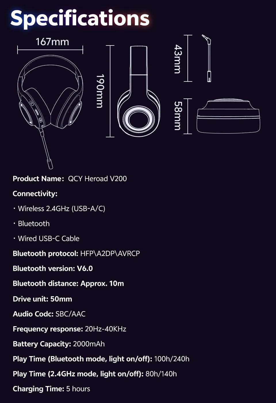 QCY Heroad V200 Gaming Over Ear Headphone Wireless Bluetooth 6.0 with Mic 50mm Driver 7.1 Surround Sound Dynamic EQ RGB Headset - TechSmartX
