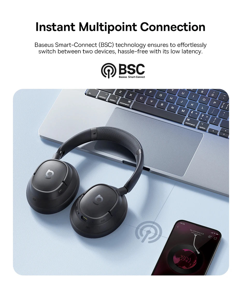 Baseus Bowie H1s Wireless Headphones Bluetooth 5.4 Noise Canceling 46dB Over Ear Headset Hi-Res Spatial Audio Earphone 120H Time - TechSmartX
