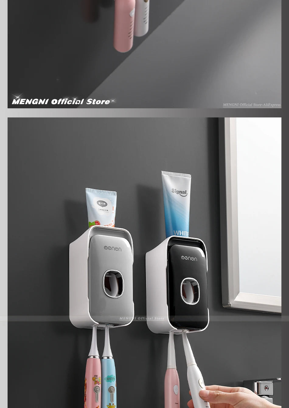 MENGNI Automatic Toothpaste Dispenser Wall-Mounted Bathroom Toothpaste Squeezer Punch-Free Toothbrush Holder Rack Bathroom Acces - TechSmartX