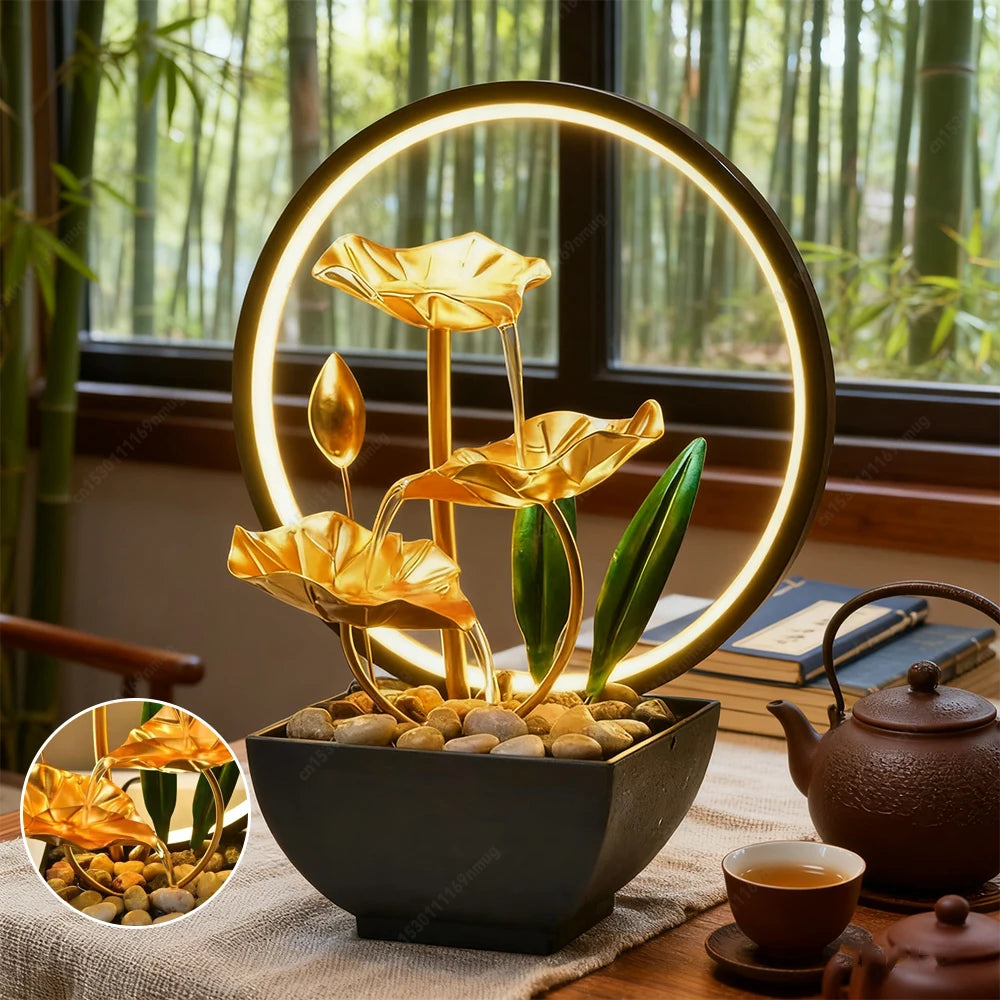 3-Tier Lotus Leaf Flowing Water Fountain with Natural Rocks & LED Ring Light Small Waterfall Fountain Metal Home Desk Decoration - TechSmartX