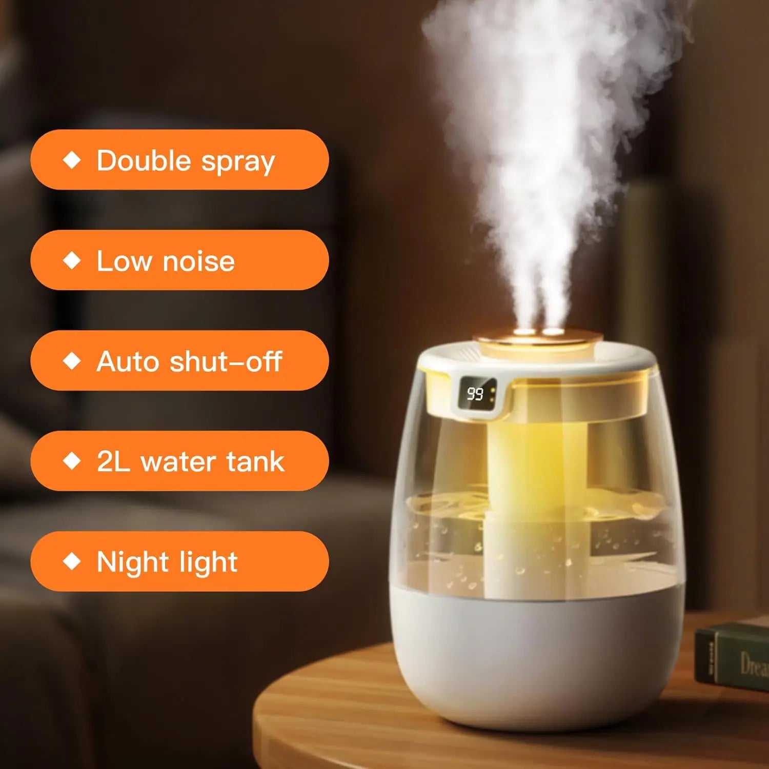 Double Spray Air Humidifier, 2L Quiet Cool Mist for Bedroom, Office, Car – Digital Display, 3 Mist Modes, Night Light - TechSmartX