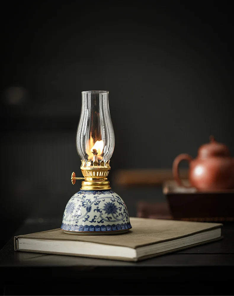 Blue And White Porcelain Oil Lamp Tibetan Butter Lamp Cam Tea Room Aosphere Lamp Retro Decorative Long Burning Lamp - TechSmartX