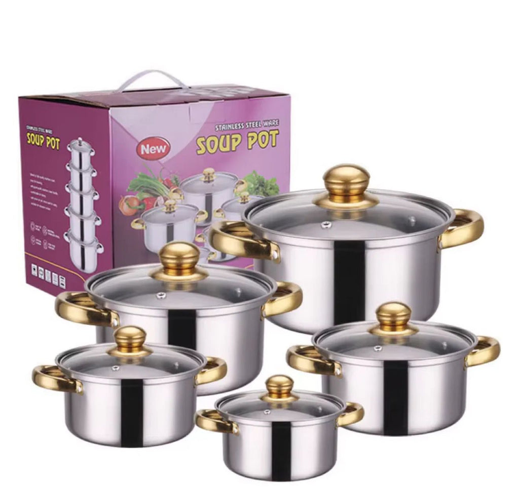 Set de oale din inox cu 10 piese, capace din sticla