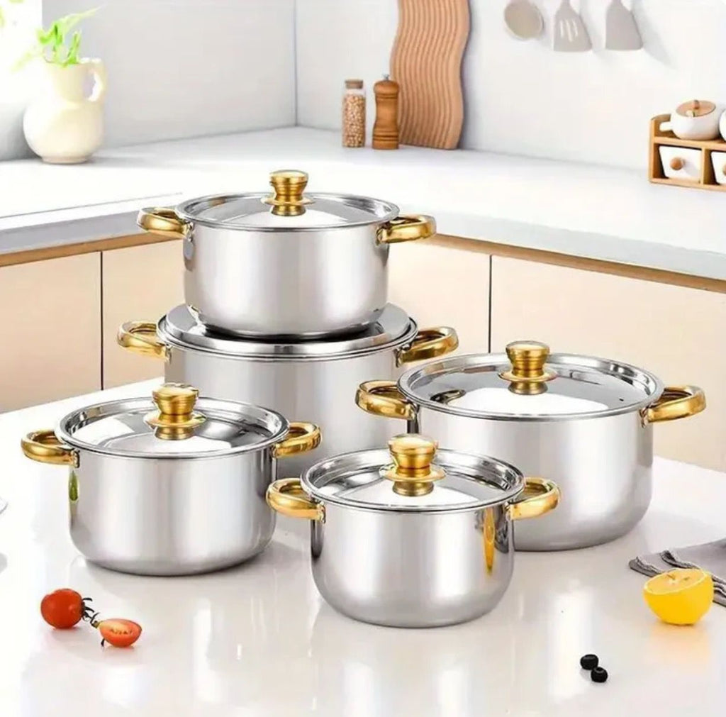 Set de oale din inox cu 10 piese, capace din sticla