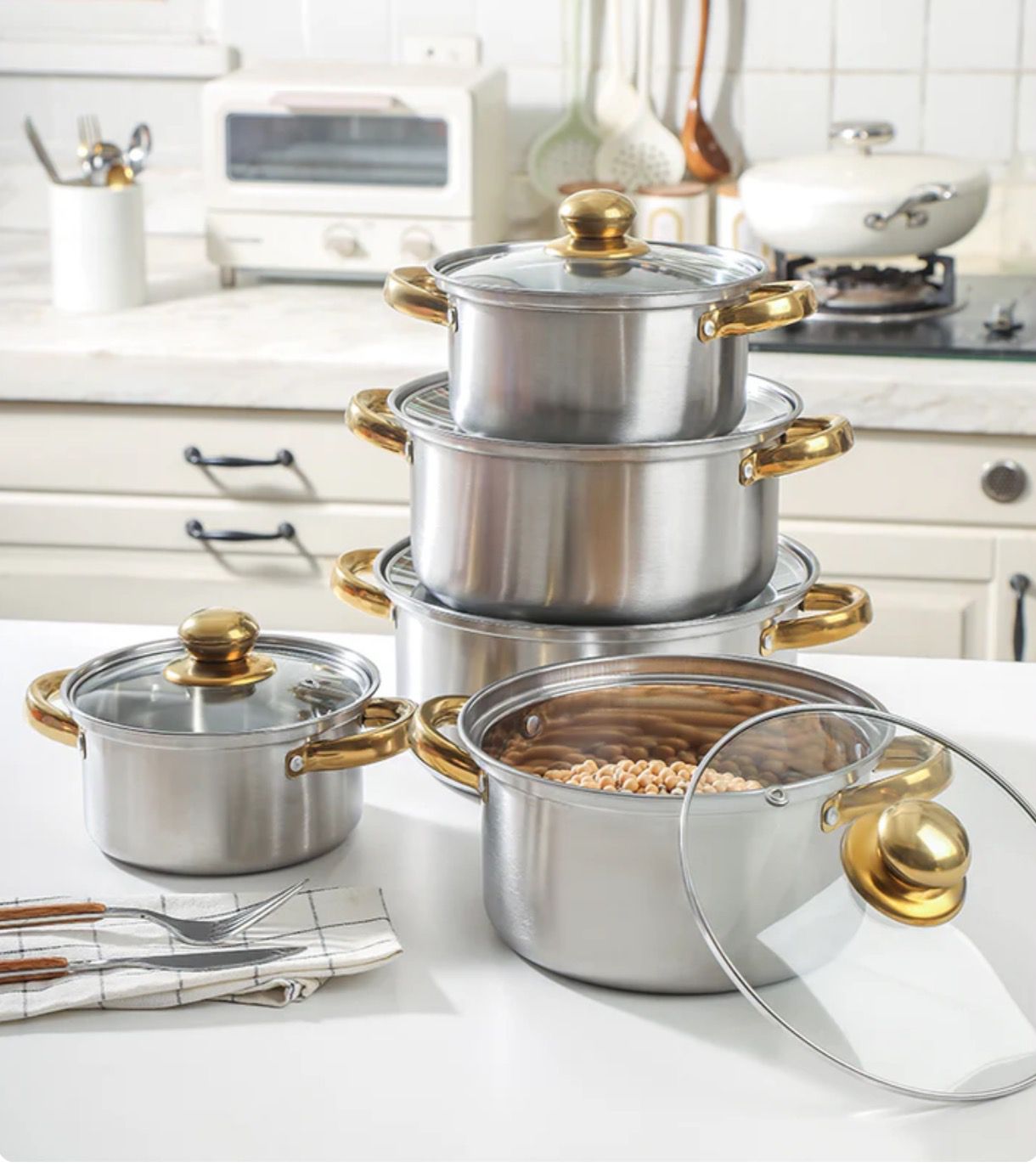Set de oale din inox cu 10 piese, capace din sticla