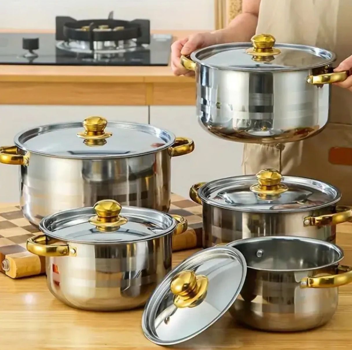 Set de oale din inox cu 10 piese, capace din sticla