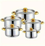 Set de oale din inox cu 10 piese, capace din sticla