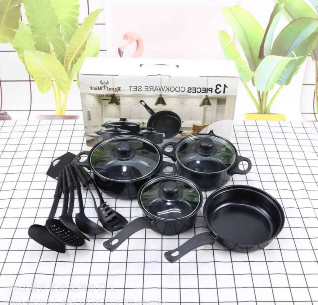 Set de Gatit cu 13 Piese, Oale, Cratite, Tigaie Antiaderenta si Ustensile de Bucatarie, Negru