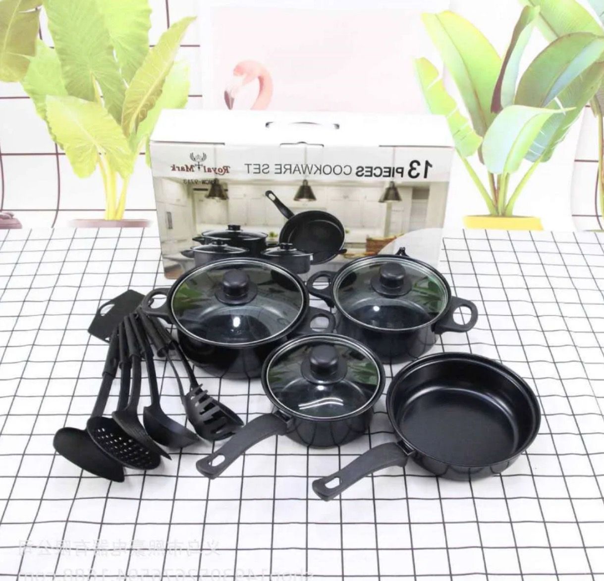 Set de Gatit cu 13 Piese, Oale, Cratite, Tigaie Antiaderenta si Ustensile de Bucatarie, Negru